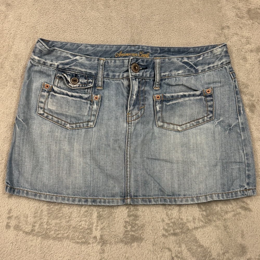 Y2K American Eagle Micro Mini Jean Skirt 10 Blue Denim Light Wash Button Pockets